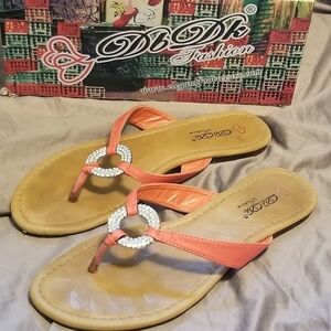 DB DK Fashion Flat Sandals with Orange Thong & Rhinestone Embellishment. Size 10